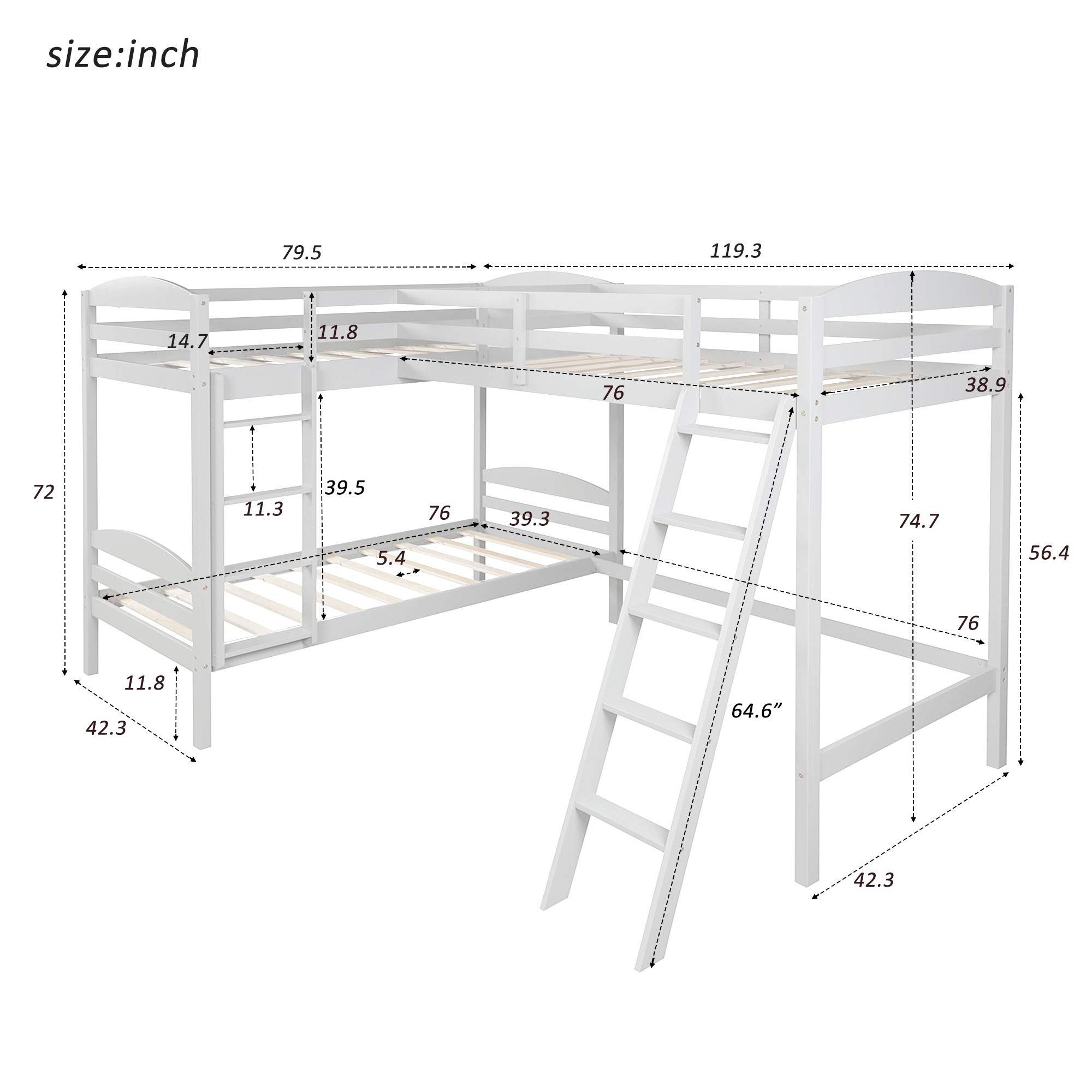 LShaped Twin Size Bunk Bed and Loft Bed, Solid Wood Twin Bunk Bed Loft