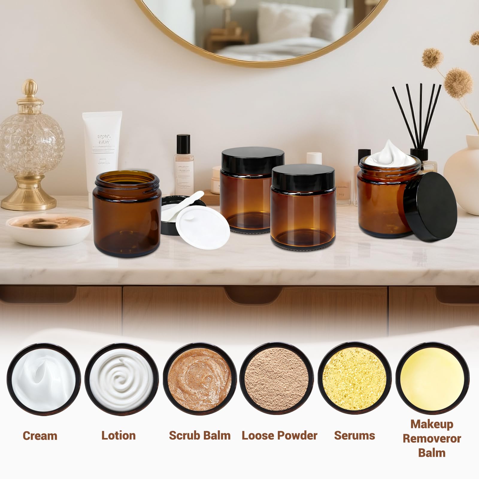 8 Pezzi Barattoli in Vetro Ambrato con Coperchio 100ml/100g, Contenitori per Lozioni Cosmetiche con Coperchio Interno a Tenuta Stagna, Bocca Larga e Liscia, Barattoli per Creme Richiudibili
