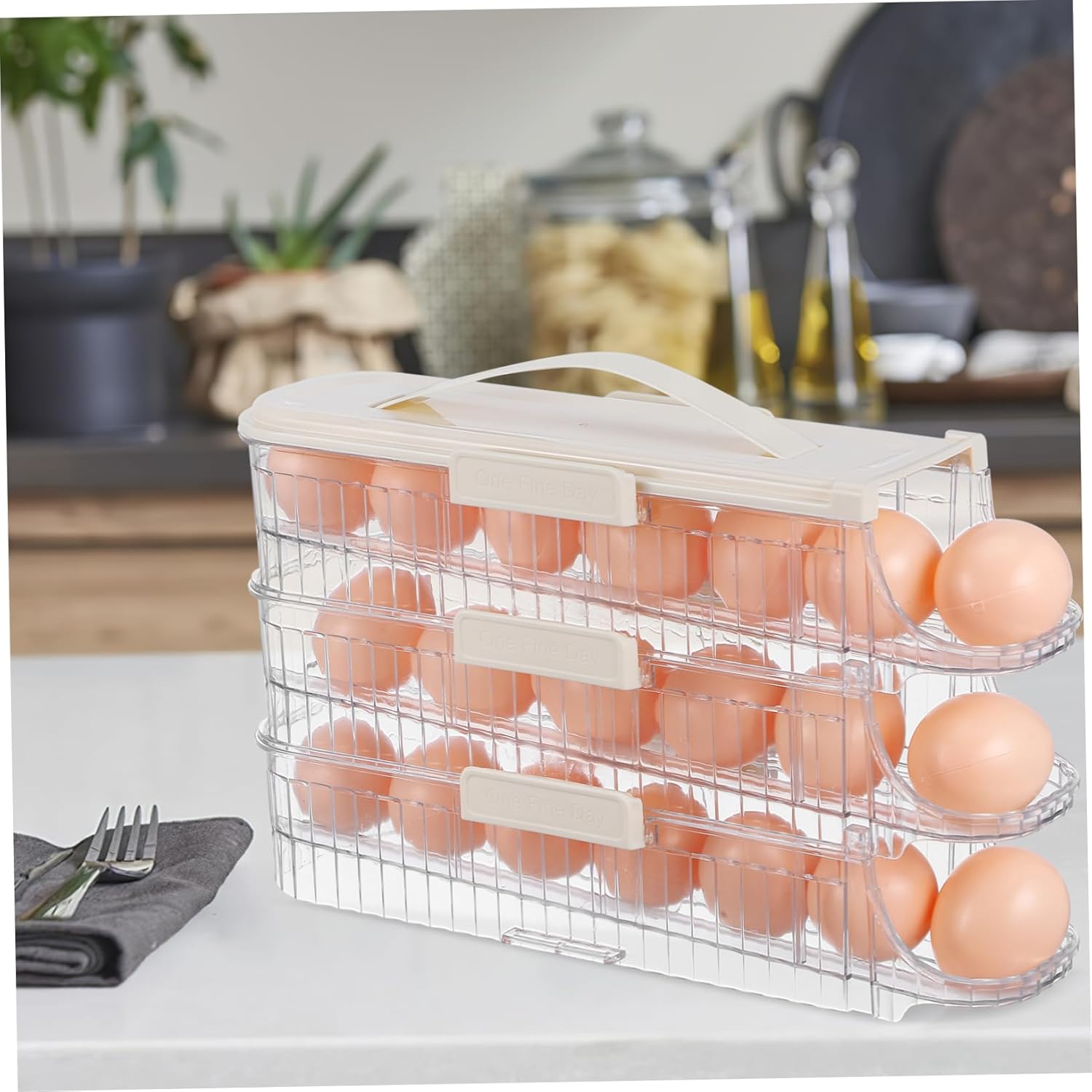 Triple Egg Holder Rolling Egg Storage for Refrigerator Capacity Egg Organizer with Carry Handle Sleek Creamy Design Date Scale for Freshness Tracking