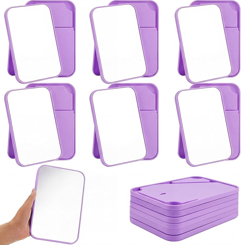 Cinnvoice Espelho de maquiagem dobrável roxo com suporte e orifício, 20,32 x 13,46 cm, pacote com 12