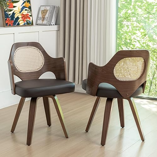 Set of 2 Swivel Cane Back Dining Chairs - Mid Century Modern Chairs with Walnut Craftsmanship, Ergonomic Cane Back, Curved Arms, Versatile for Restaurant/Kitchen/Conference/Living Room (Walnut Brown)