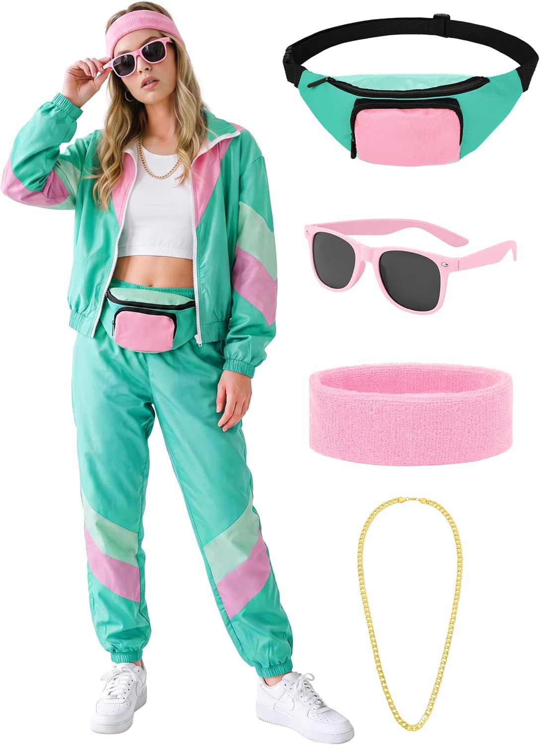 SOMSOC 7 Pieces 80s Tracksuit for Women 90s Windbreaker Sweatpants Outfit Color Block Jacket with Fanny Pack Accessories