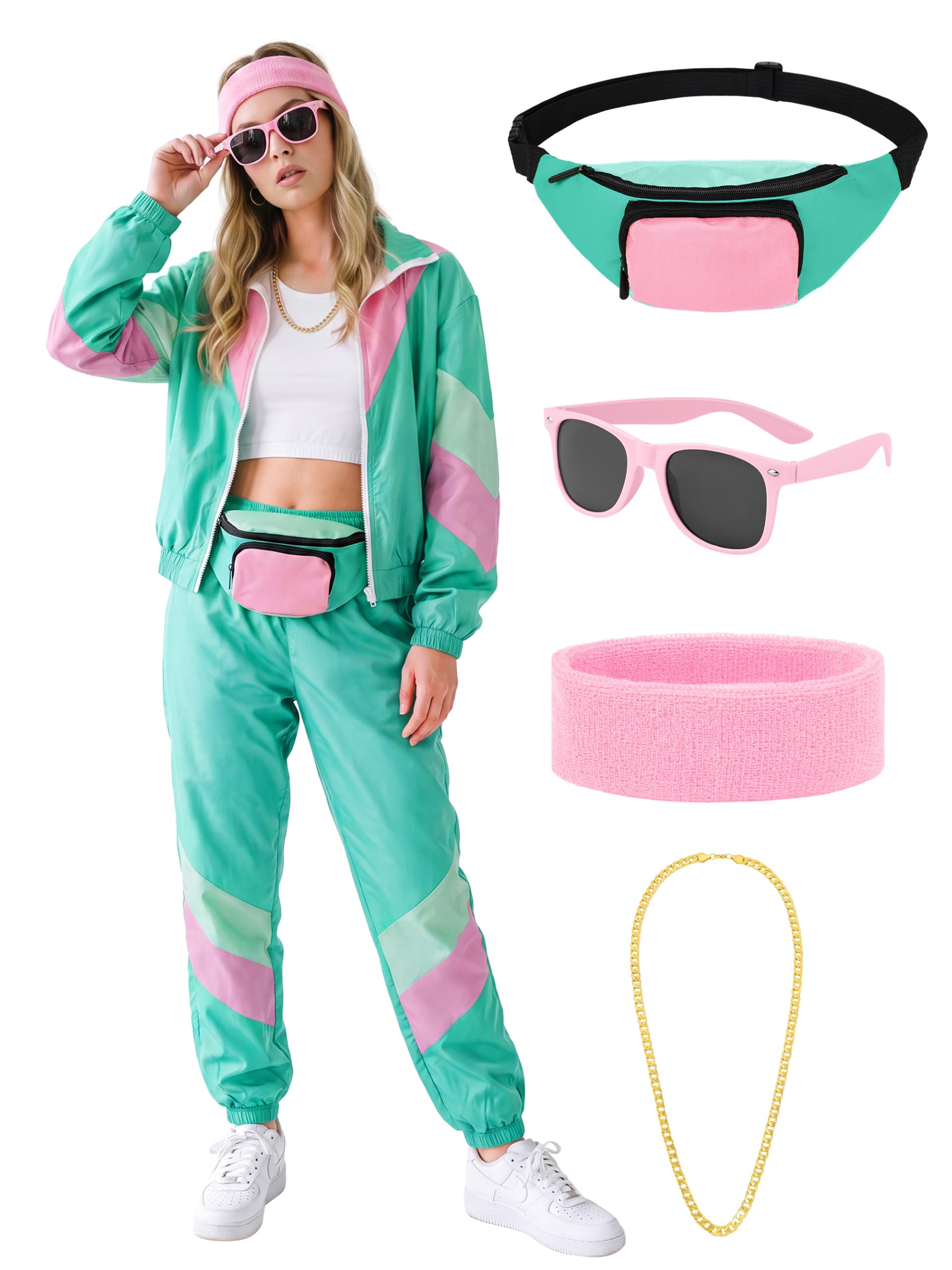 SOMSOC 7 Pieces 80s Tracksuit for Women 90s Windbreaker Sweatpants Outfit Color Block Jacket with Fanny Pack Accessories