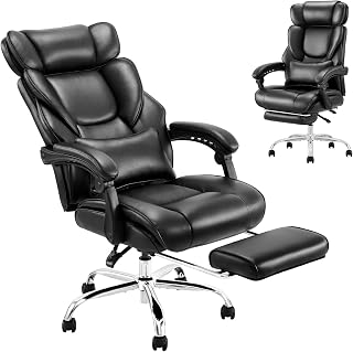 COLAMY Ergonomic Office Chair with Retractable Footrest & Lumbar Support - High Back Reclining Desk Chair, Thick Bonded Leather, 300lbs, Black