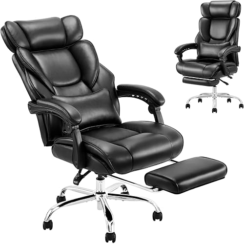 COLAMY Office Chair with Retractable Footrest, Ergonomic High Back Design Executive Computer Desk Chair with Removable Lumbar Pillow, 90-135°Reclining, Thick Bonded Leather for Home Office Work, Black