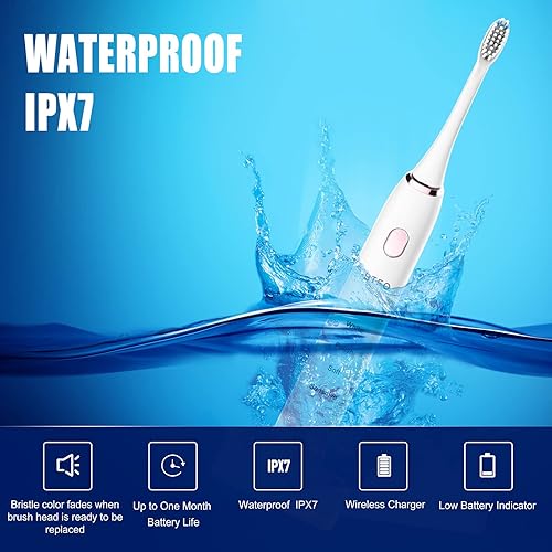 Miniatura 6 de BTFO Cepillo de dientes eléctrico sónico con 5 modos, 2 cabezales de cepillo de repuesto recargables por USB, cepillo de dientes electrónico