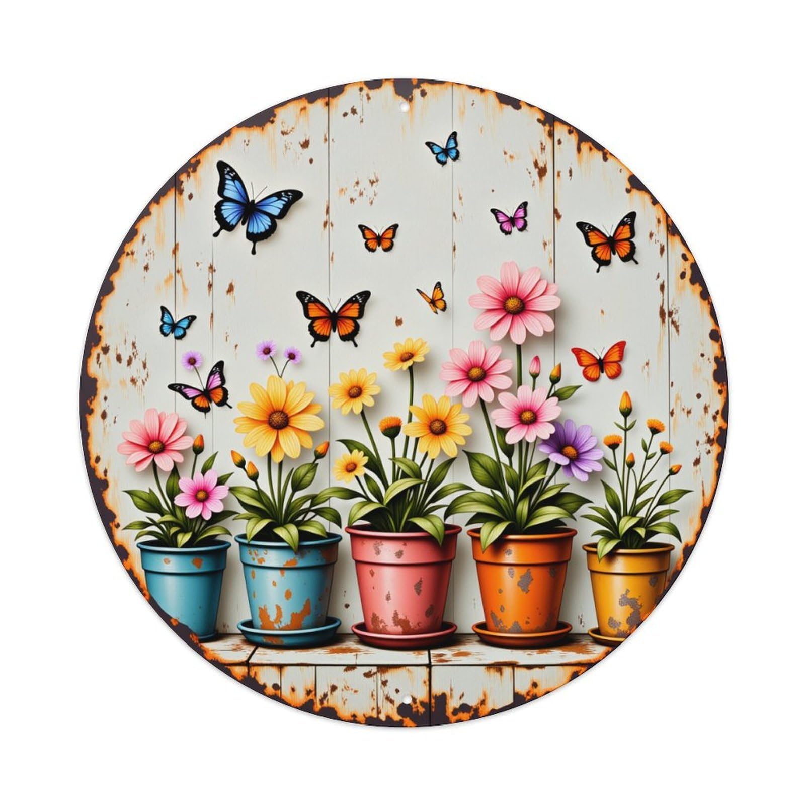 Floral Pots Butterflies Rustic Wood Round Tin Sign Vintage Style Metal Sign Home Bar Garden Wall Plaque Decor Metal Poster 8x8 Inch