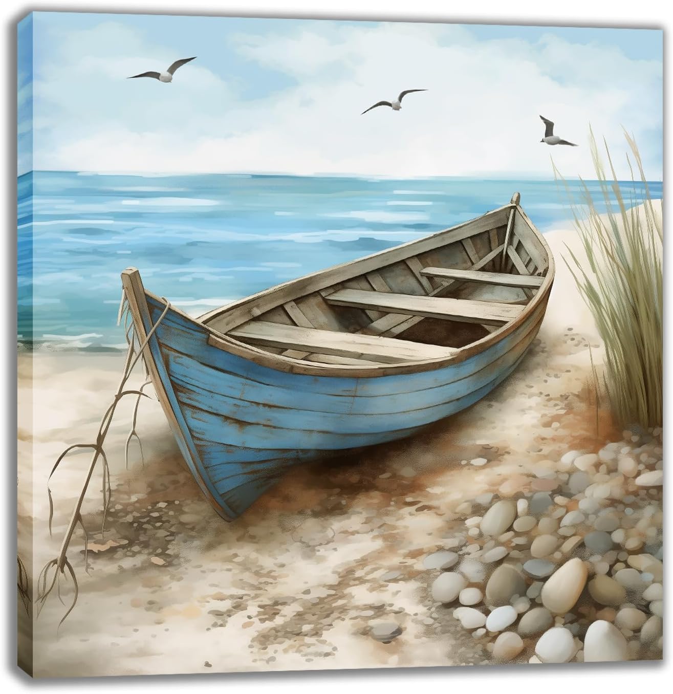MODOJOART Sea Beach Canvas Wall Art, Beach Boat and Sea Birds Painting Poster Relaxing Coastal Seascape Nature Seashore Picture Print for Bedroom Living Room Decor(Artwork-01, 12"x12")