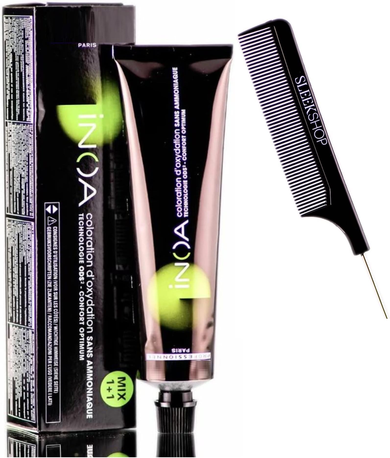 Sleekshop Comb + INOA Ammonia-Free Permanent Hair Color Dye, 100% White/Grey Hair Coverage (w/SLEEKSHOP Steel Pin Rat Tail Comb) Cream Haircolor Creme (6.1 / Dark Ash Blonde)