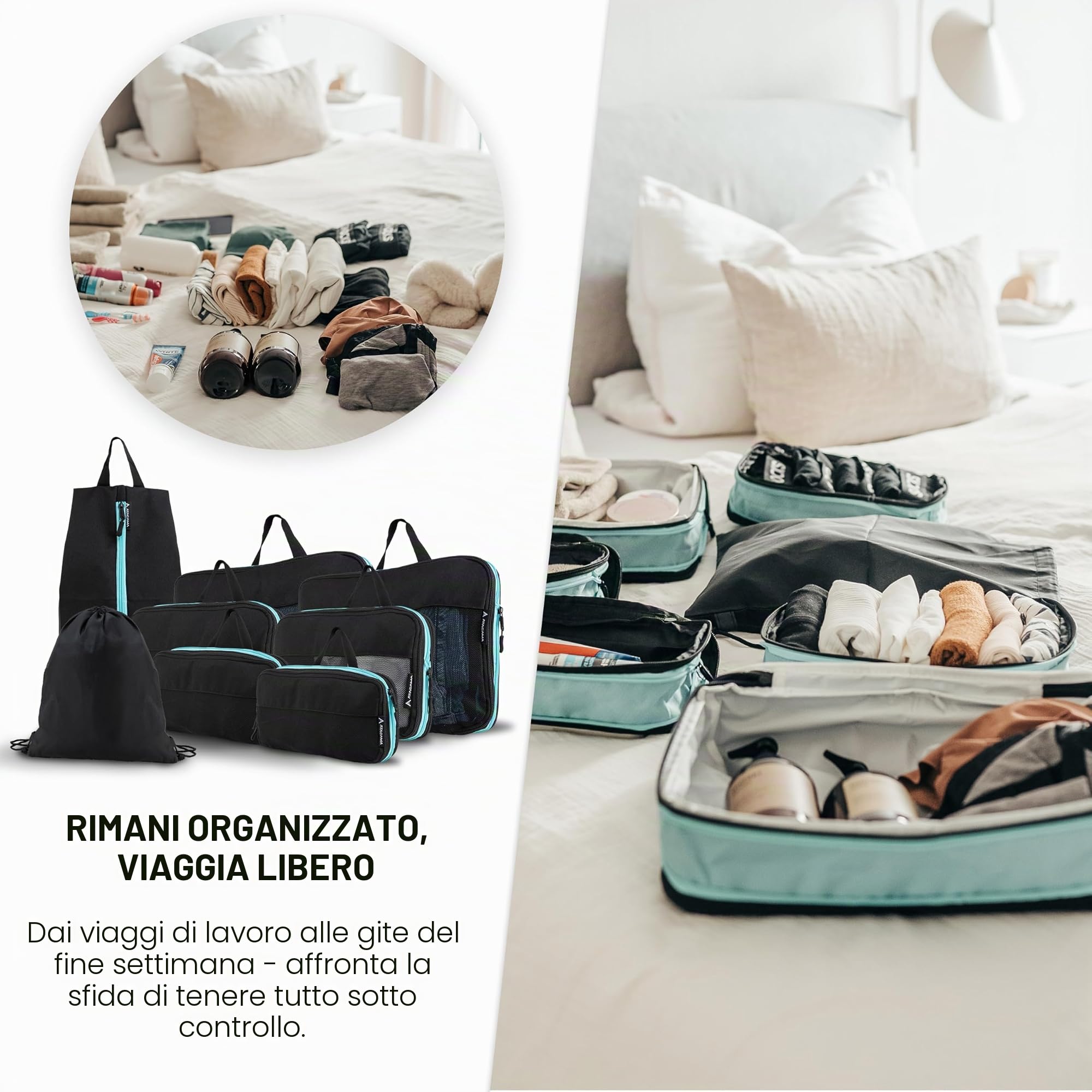 Atacama Set di dadi a compressione di alta qualità: chiusura lampo e doppie tasche, tasche con compressione per zaino e valigia, colore nero, set di 8