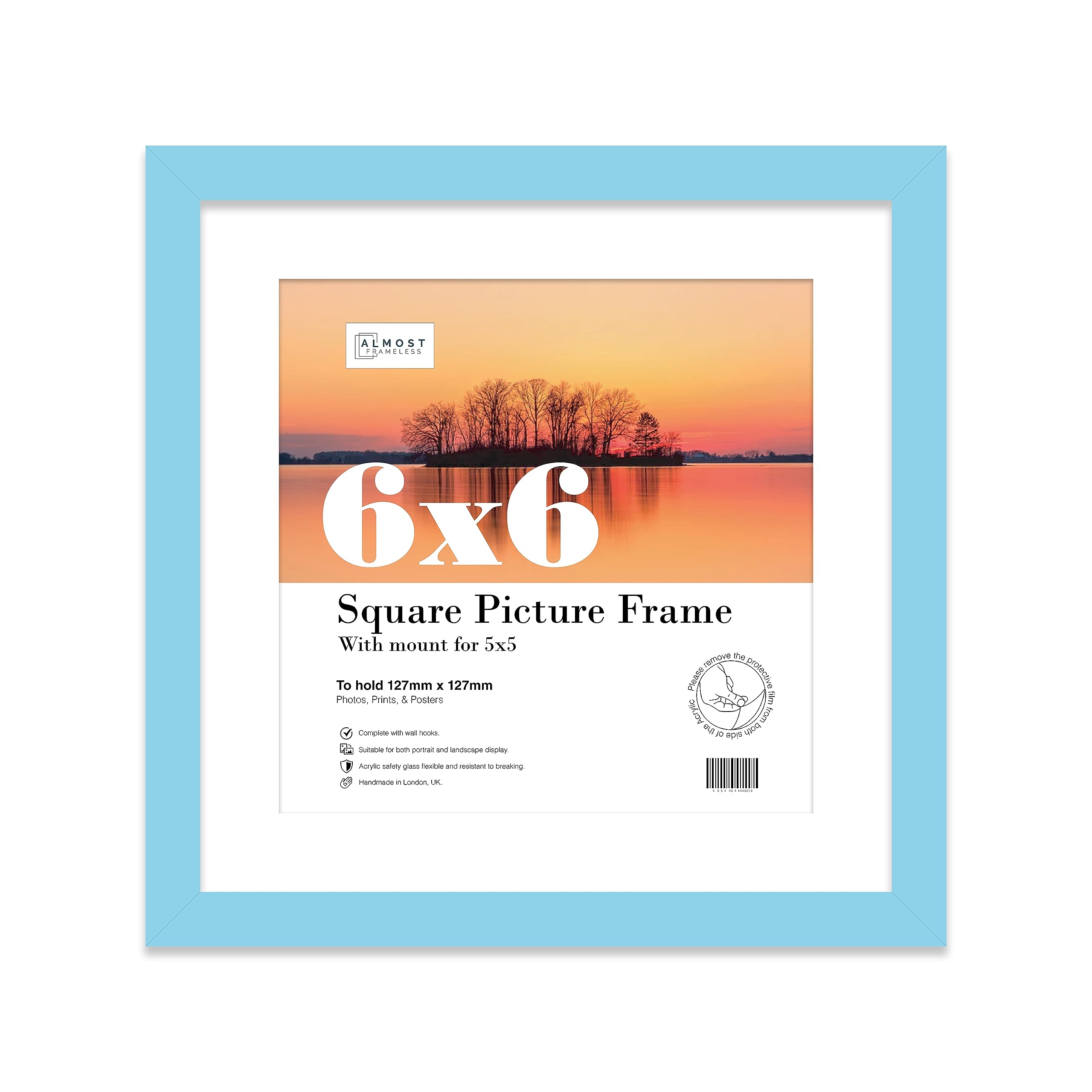 Almost Frameless 6x6 Picture Frame, Display Pictures 5x5 With Mat or 6x6 Without Mat, Wall Hanging & Free Standing Photo Frame, Light Blue, 1 Pack