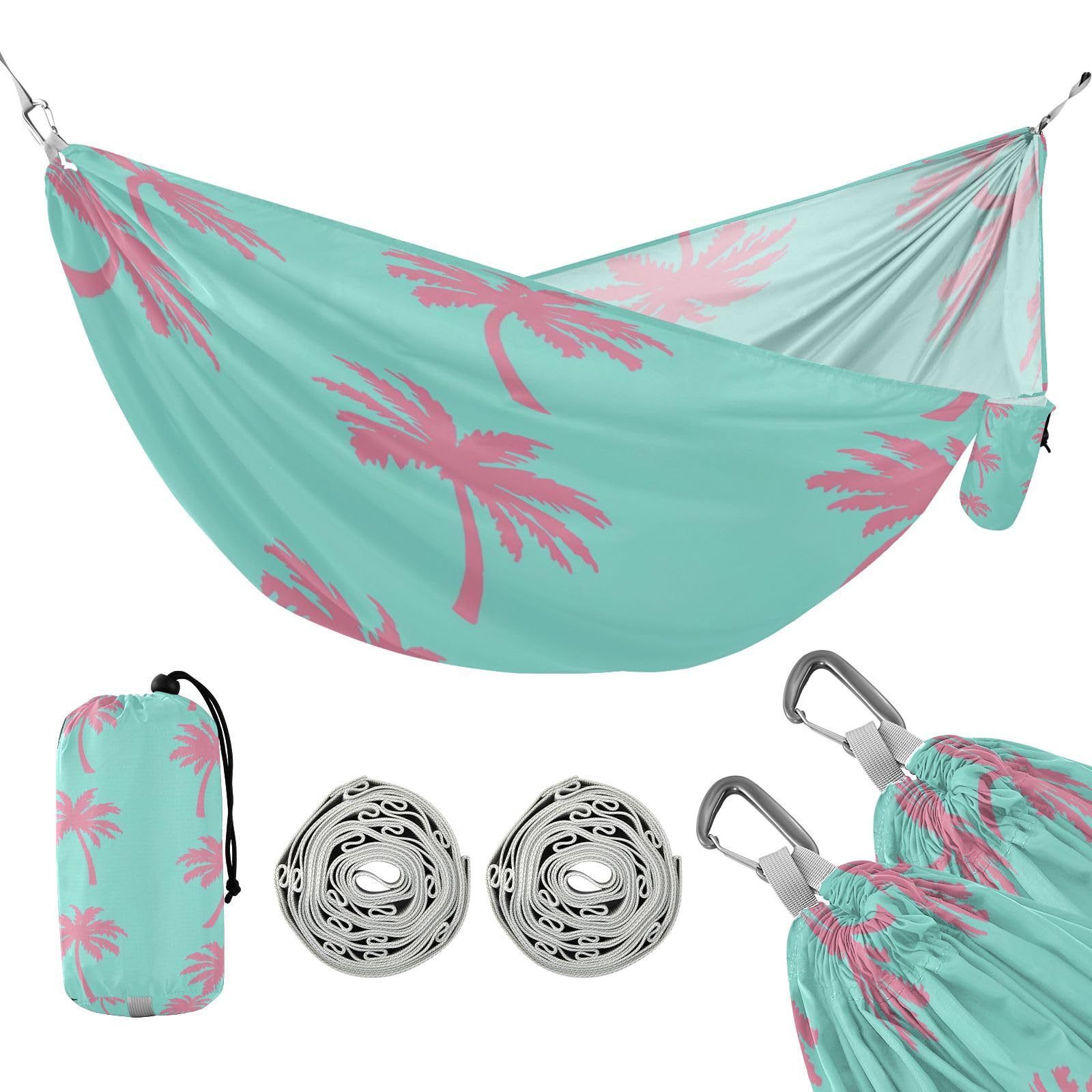 ATTX Pink Palm Trees Camping Hammock - Lightweight & Portable Hammocks, Heavy Duty 330lbs Capacity for Indoor, Hiking, Backpacking, Travel, Backyard, Beach#237