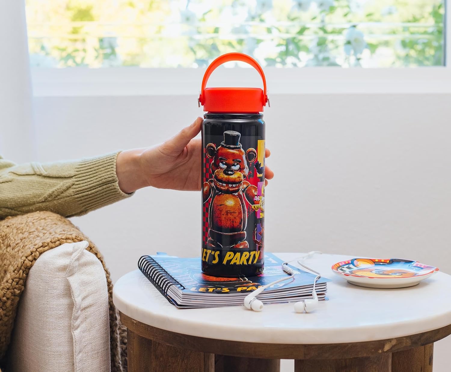 Silver Buffalo Five Nights at Freddy's “Let’s Party” Stainless Steel Water Bottle with Swivel Handle Featuring Freddy Fazbear, Chica, Bonnie, and Foxy, 20 Ounces