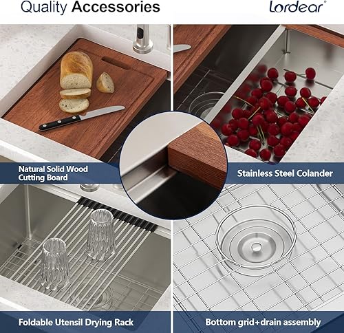 Miniatura 51 de Lordear Fregadero de cocina de montaje inferior de 23 pulgadas, estación de trabajo, fregadero de cocina de acero inoxidable calibre 16, cuenco