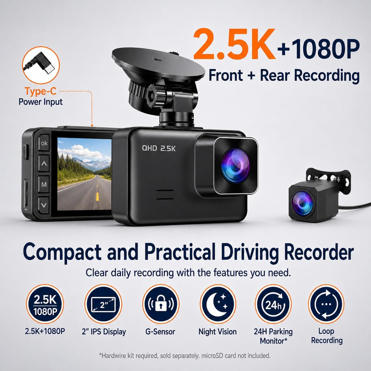 Dash Cam Doble E-YEEGER: 2.5K+1080P, Vision Nocturna, G-Sensor, Parking 24H 3