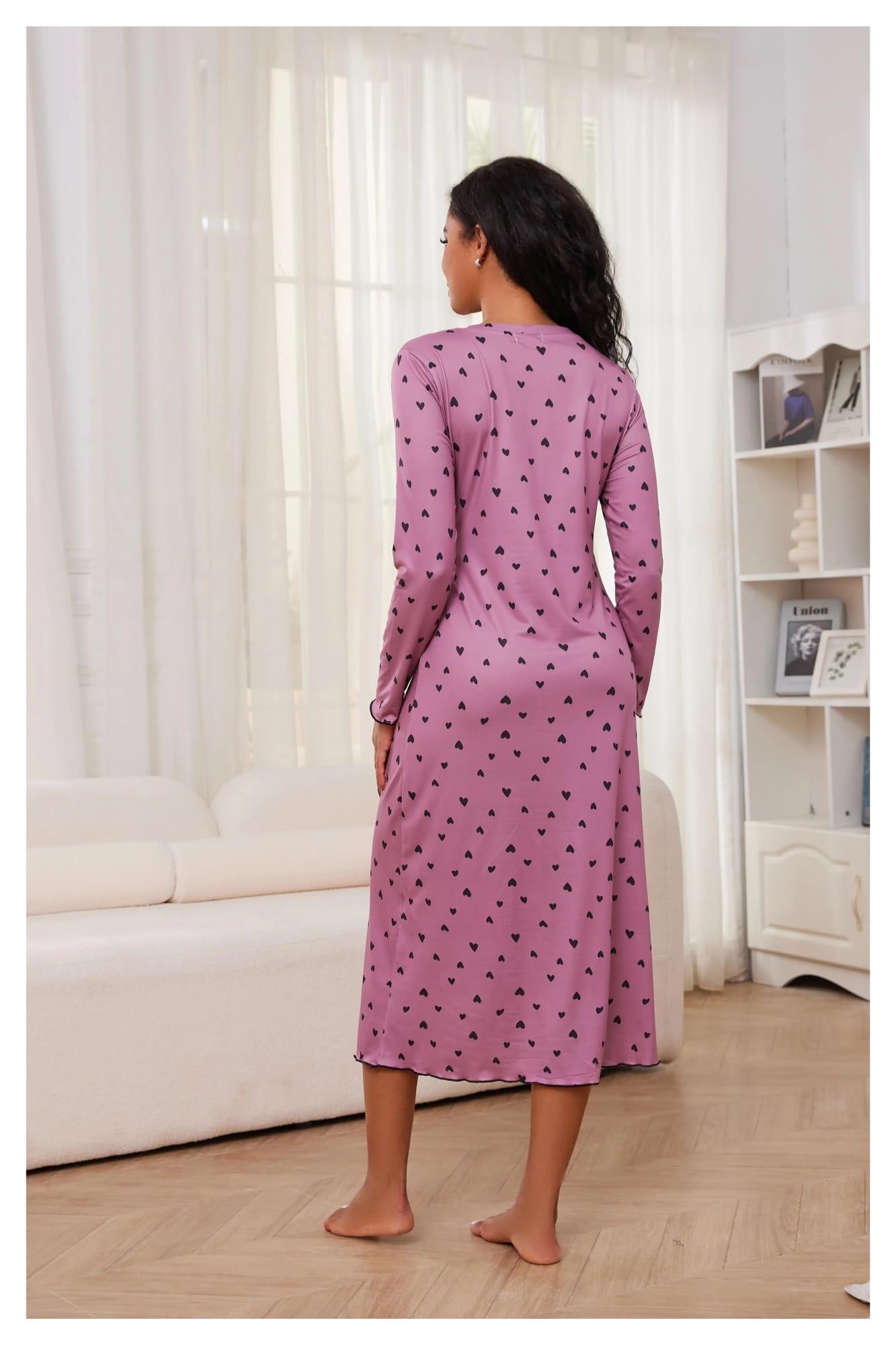 Camisón con estampado de corazón para mujer, cuello en V, manga larga, dobladillo con volantes, ropa de dormir para mujer, ropa de dormir para el hogar, vestido de pijama