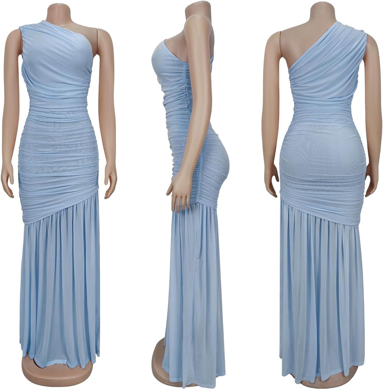 Yuopeid Women's Sexy One Shoulder Long Dress Bodycon Ruched Solid Color Prom Evening Party Cocktail Maxi Dress - Image 3