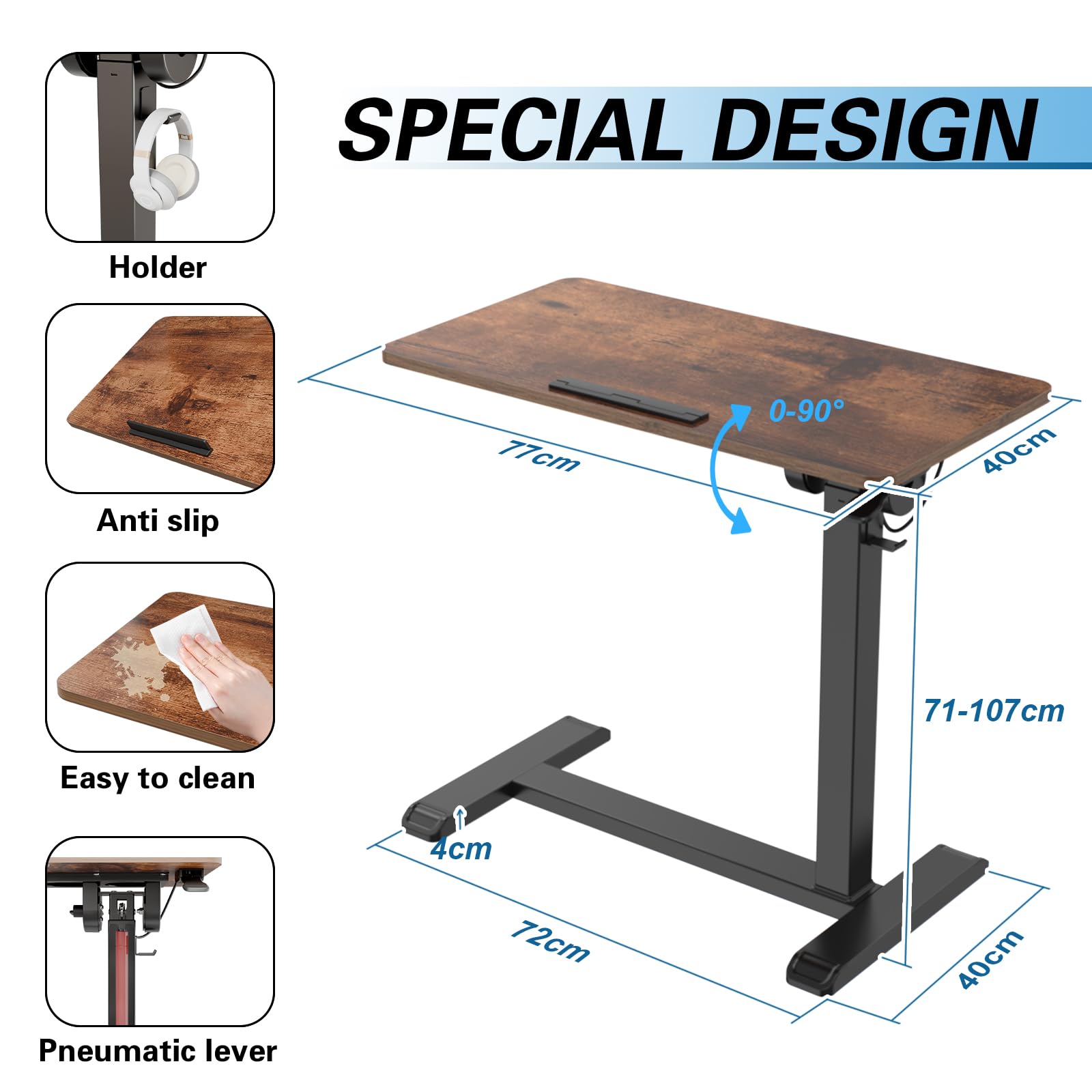 ETHU Mesa auxiliar de altura regulable de 71 a 107 cm, mesa auxiliar para ordenador portátil, mesa auxiliar reversible con ruedas ocultas, 77 x 40 cm, para oficina, salón (marrón)