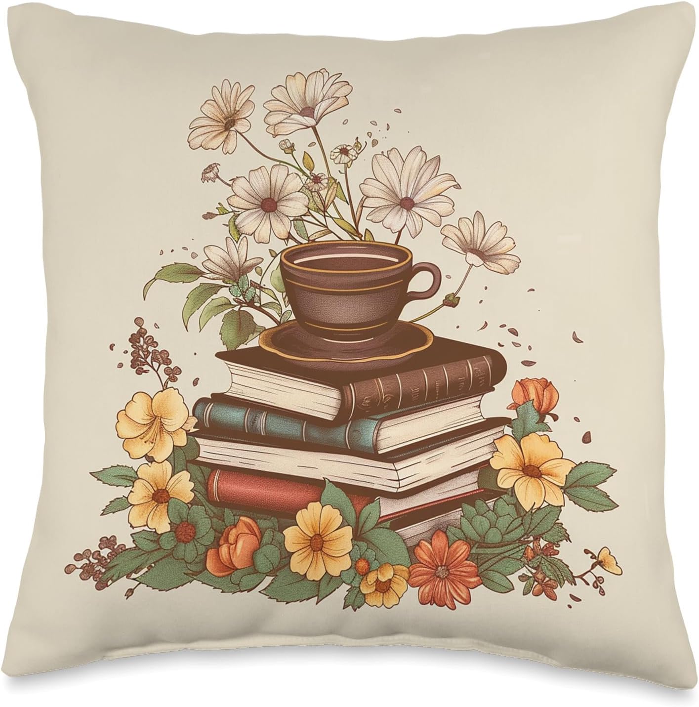 Books And Coffee Floral Throw Pillow