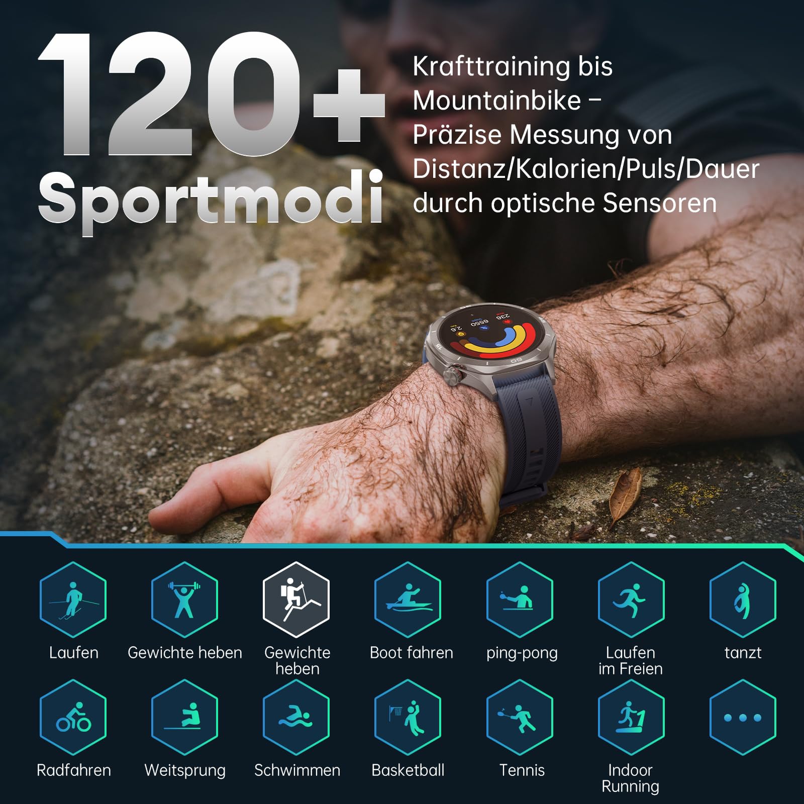Smartwatch Herren, 1,52'' Robuste Fitnessuhr Rund mit 500mAh Langer Akku/IP68 Wasserdicht/120+ Sportmodi/Herzfrequenz/SpO2/Schlafmonitor/Telefonfunktion für Android iOS, Silber