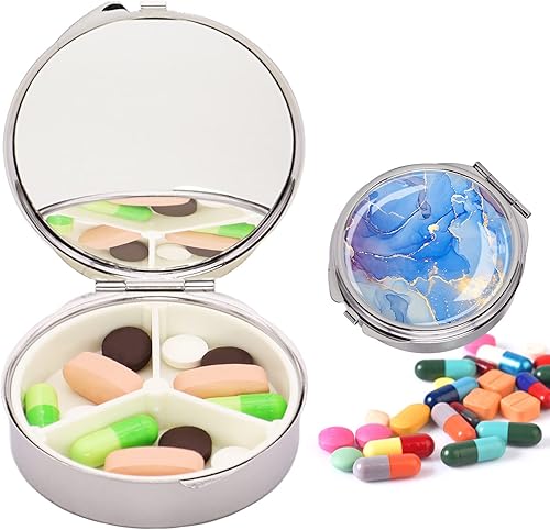 Miniatura 3 de Pastillero de bolsillo pequeño, pastillero de metal portátil con 3 compartimentos, soporte compacto para pastillas de medicina de viaje con espejo,