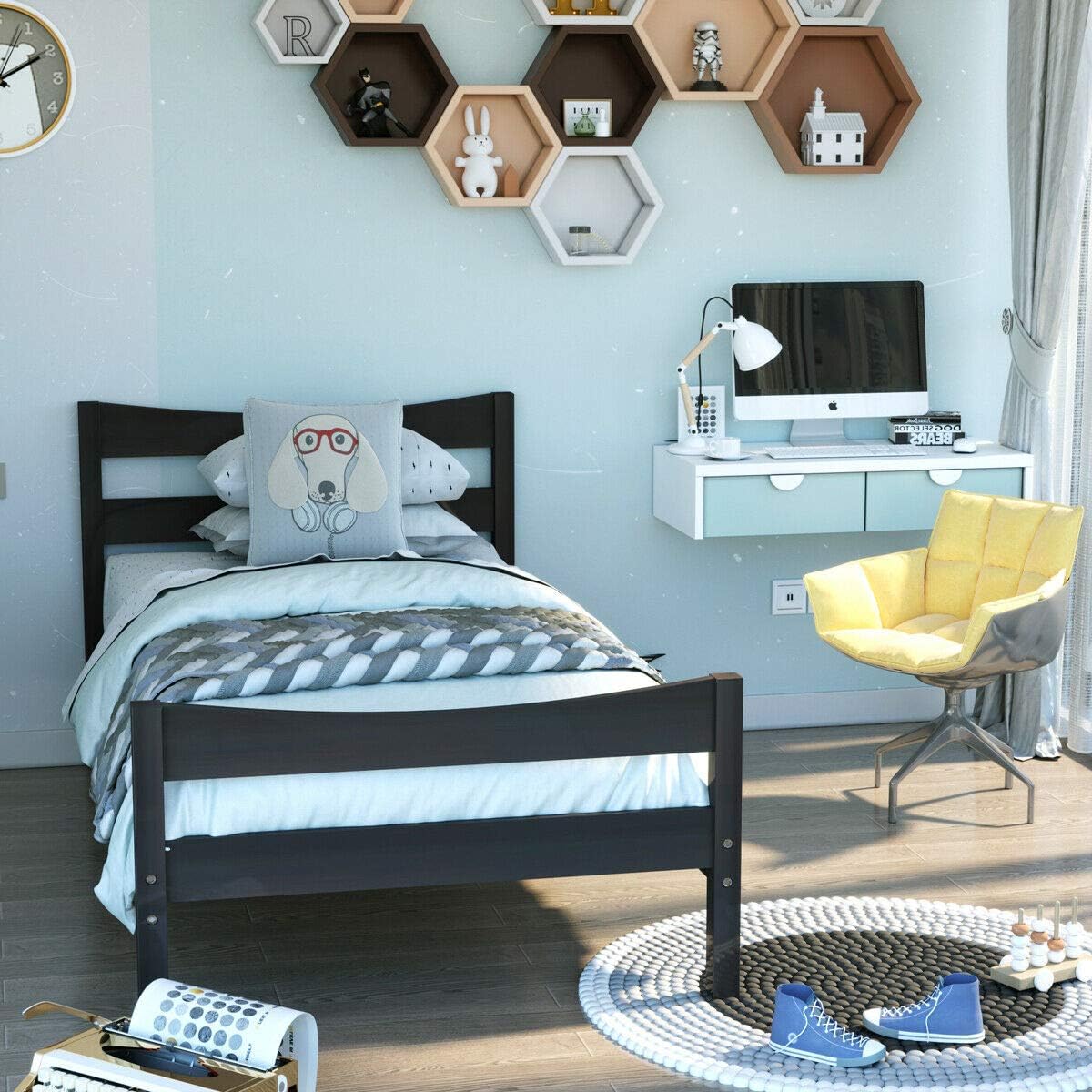 DORTALA Twin Bed in an espresso finish, set up in a modern bedroom with light blue walls and hexagonal wall shelves. The bed is made with light-colored bedding and a patterned throw.