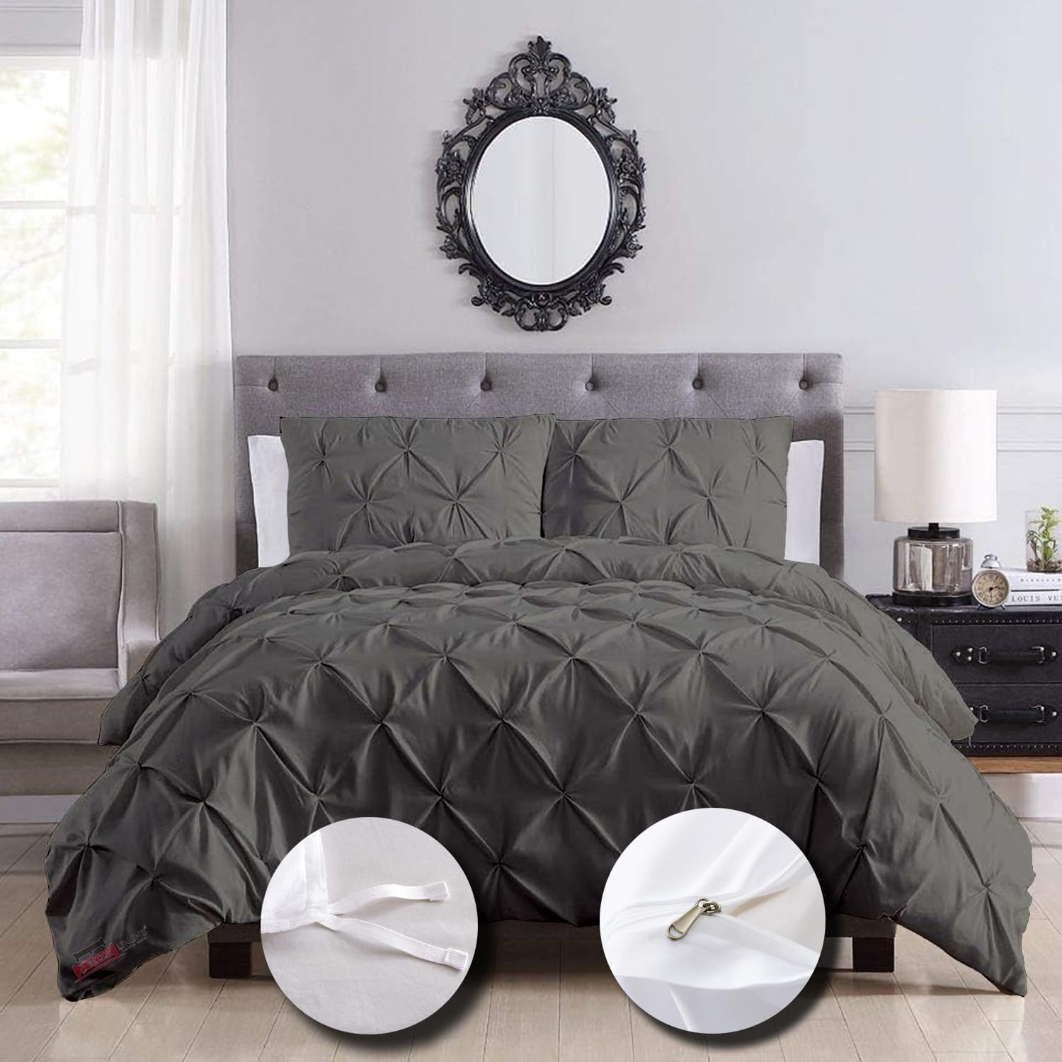 eBeddy Linens 800 TC Soft Egyptian Cotton Extra Large King 136x120 Size 3-Pieces Pinch Pleated Pintuck Duvet Cover with Corner Ties & Zipper Closure Durable and Fade Resistant, Dark Grey