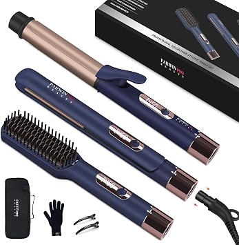 Parwin Pro Beauty 3 in 1 Styling Set, 25mm Hair Straightener, 32mm Hair Curler, Hair Straightener Brush, Detachable Power Cord, LED Temp Control, Rapid-Heat up, for Gift   Travel, Prussian Blue