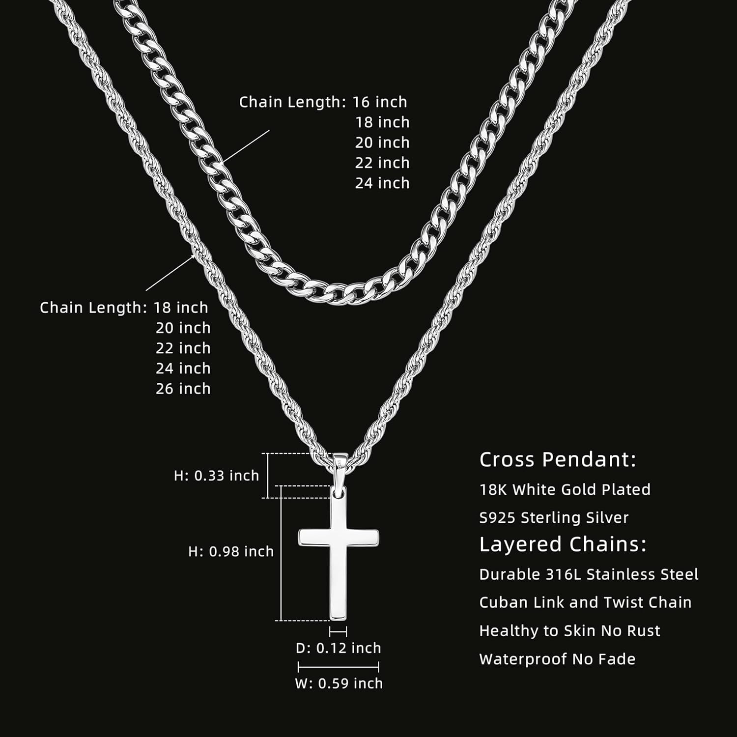 925 Sterling Silver Layered Cross Necklace for Men 18K White Gold Plated Pendant Necklace Stainless Steel Cuban Link Twist Chain Jewelry Gifts Cross Chain Necklace for Men 18-26 inches - Image 2