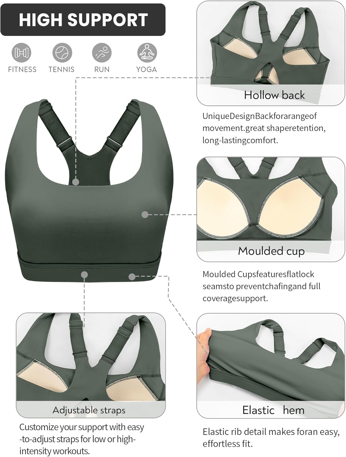 RUNNING GIRL High Impact Sports Bras for Women High Support Molded Cups, Adjustable Straps Sports Bra with Sewn in Pads