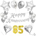 Flyloons 85th Anniversary Decoration Items Silver for Men Women Husband Wife Home Living Room Parent With 10 Pc Confetti Balloons Happy Anniversary Banner 4 Pc Star Heart Set Kit gallery image