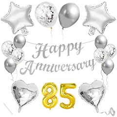 Flyloons 85th Anniversary Decoration Items Silver for Men Women Husband Wife Home Living Room Parent With 10 Pc Confetti Balloons Happy Anniversary Banner 4 Pc Star Heart Set Kit