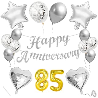 Flyloons 85th Anniversary Decoration Items Silver for Men Women Husband Wife Home Living Room Parent With 10 Pc Confetti Balloons Happy Anniversary Banner 4 Pc Star Heart Set Kit