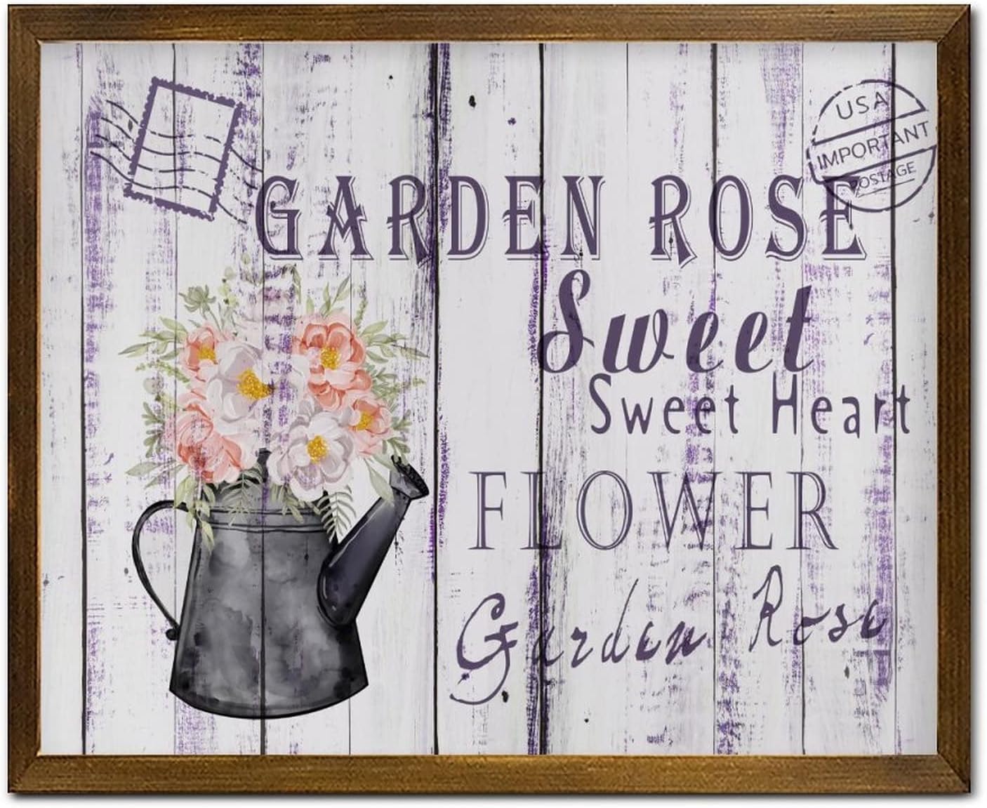 Rose Sweet Heart Flower Wood Framed Signs Vintage French Lavender Flower Wooden Wall Hangings Farmhouse Hello Spring Flower Wall Art Hanging Farmhouse Decoration Plaque for Table 16x20 Inch