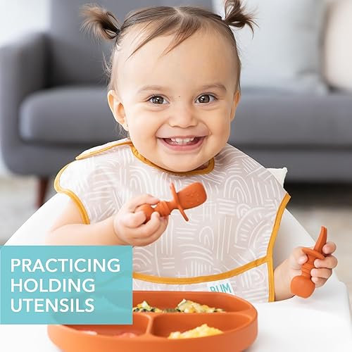 Vista 99 de Bumkins Juego de utensilios para bebé, cucharas de silicona para sumergir, autoalimentación, destete LED para bebés, aprendizaje de entrenador, A1