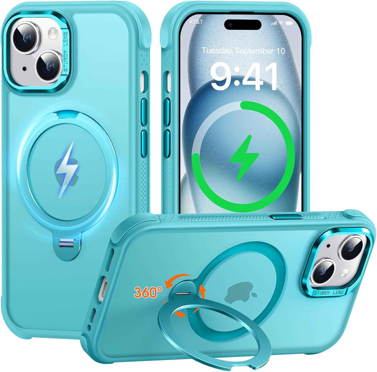 Case for iPhone 15 with 360° Rotatable Magnetic Stand, Mil-Grade Drop Protection, Anti-Scratch/Anti-Slip/Anti-Fingerprint Translucent Matte Phone Case, Lake Blue