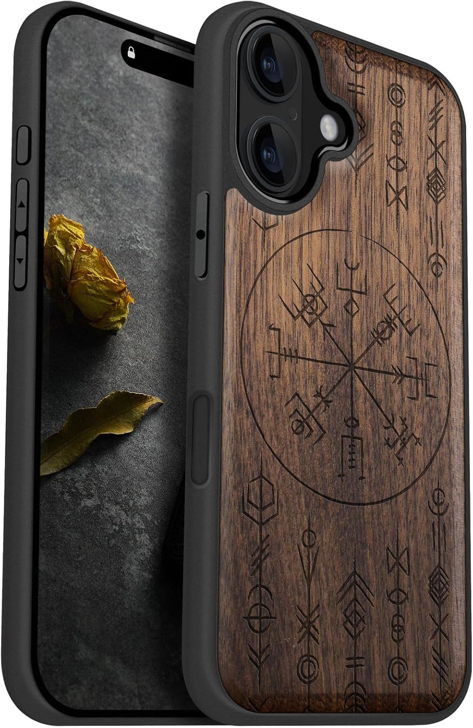 Carveit Magnetic Wooden Case for iPhone 16 Case, Wood Artisan Engraved & Black Soft TPU Shockproof Cover, Compatible with MagSafe Wireless Chargers (Viking Amulet) Walnut