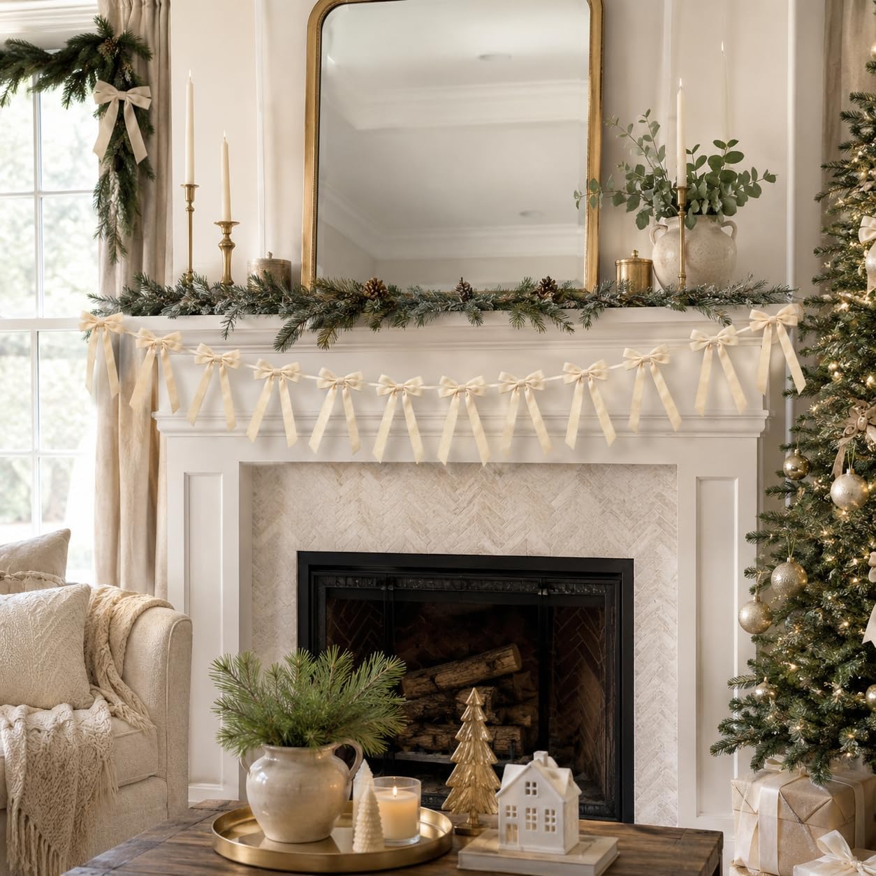 10ft Beige Neutral Christmas Velvet Bows Garland Banner Decoration Decor