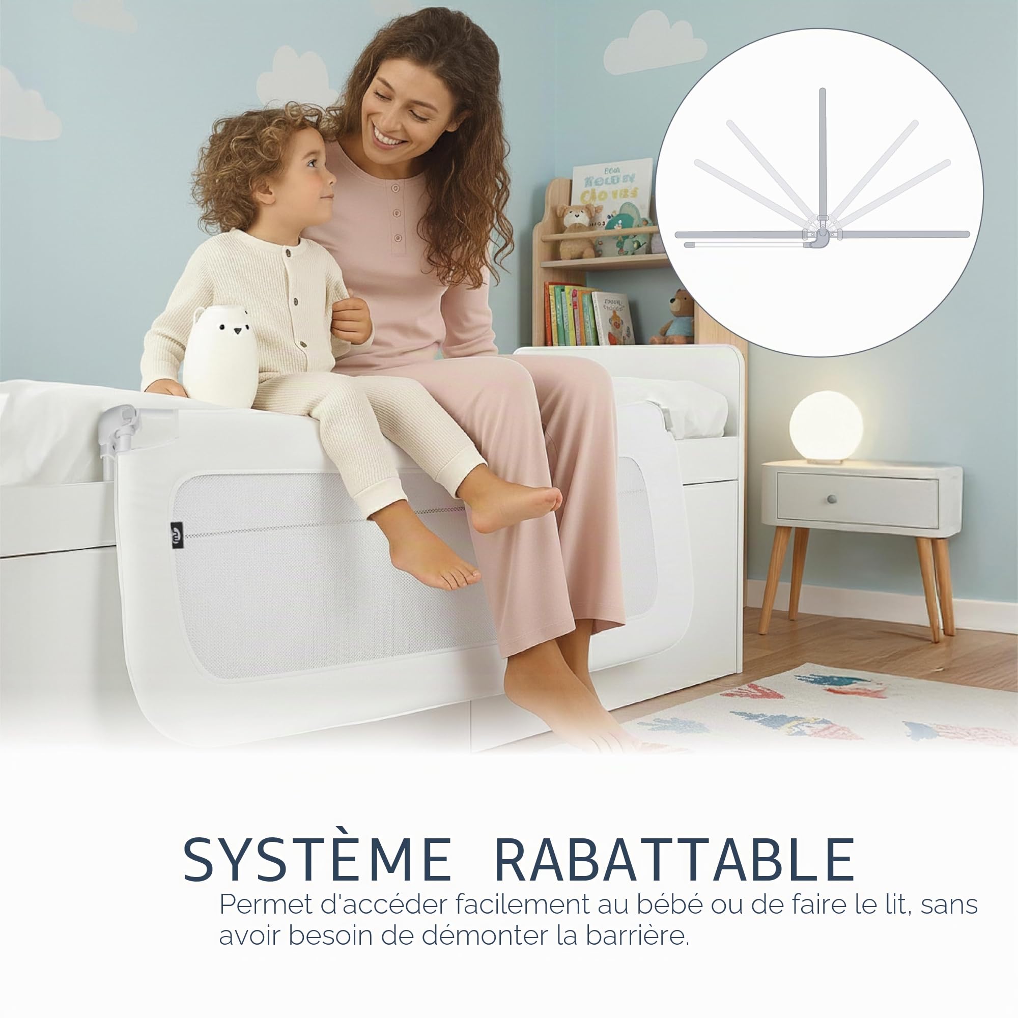 ms Baby World - Barrière de sécurité Portable pour Enfants | barrière de lit de Voyage | Pliable et Portable | Fixation sécurisée | 150 cm | avec sérigraphie (Blanc)