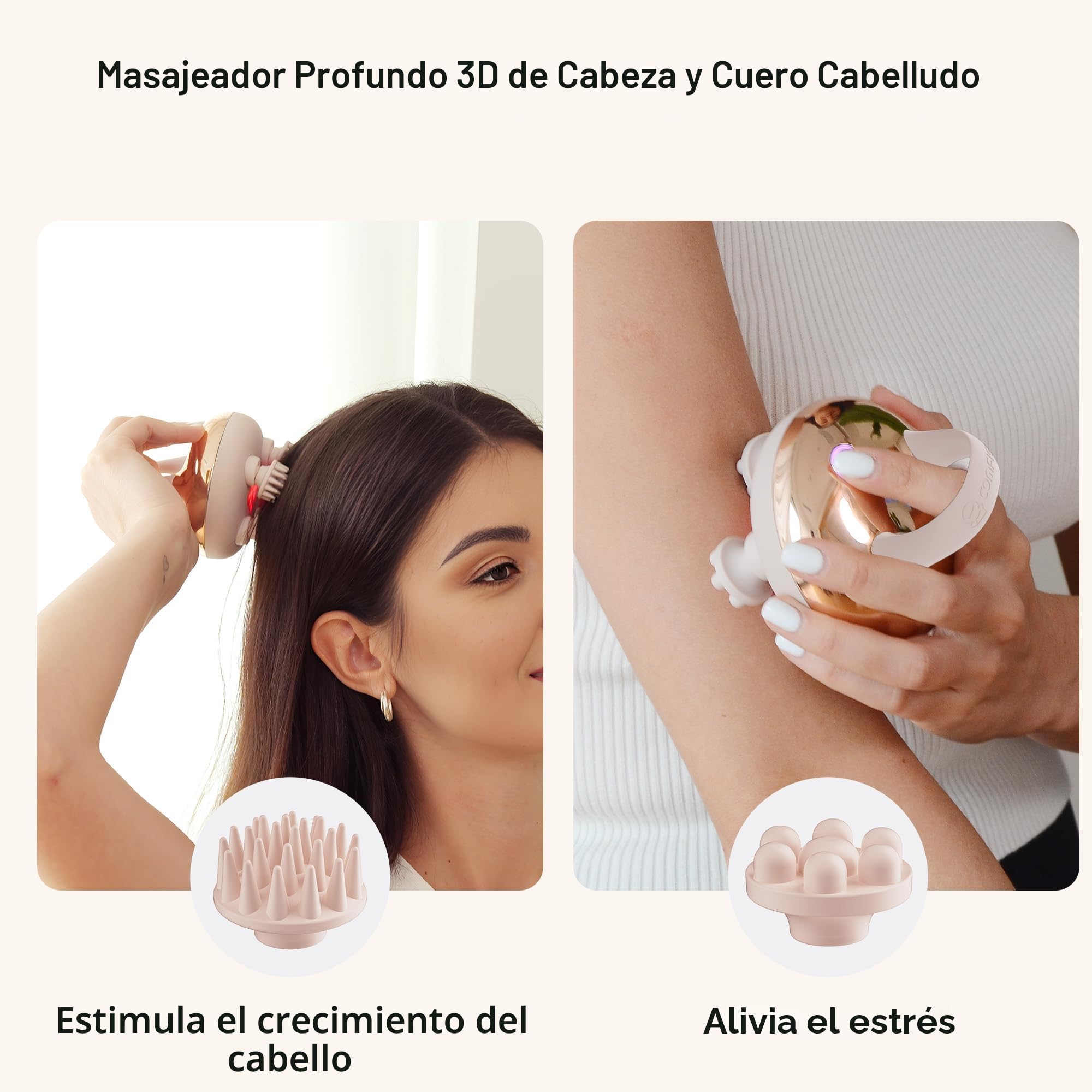 COMFIER Masajeador Cuero Cabelludo Inalámbrico, Masajeador Cabeza Eléctrico con 3 Modos de Amasado, Resistente al Agua IPX7, 8 Garras de Masaje para Limpieza Profunda y Crecimiento del Cabello(Dorado)
