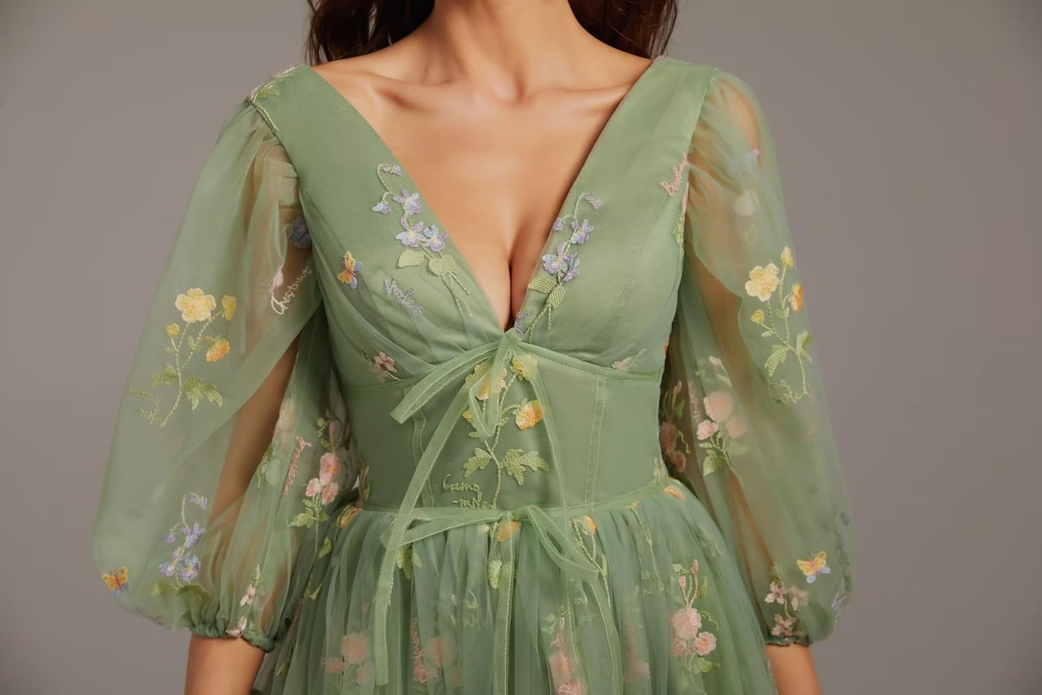Flower Embroidery Tea Length Tulle Prom Dresses for Women Puffy Sleeve Formal Evening Party Gowns
