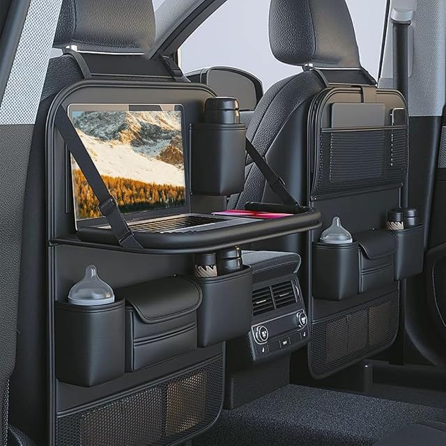 2 Pack Car Backseat Organisateur, Rangement de voiture Organisateur avec plateau de table pliable,Leather Car Seat Back Protectors Kick Mats avec poches de rangement Accessoires de voyage