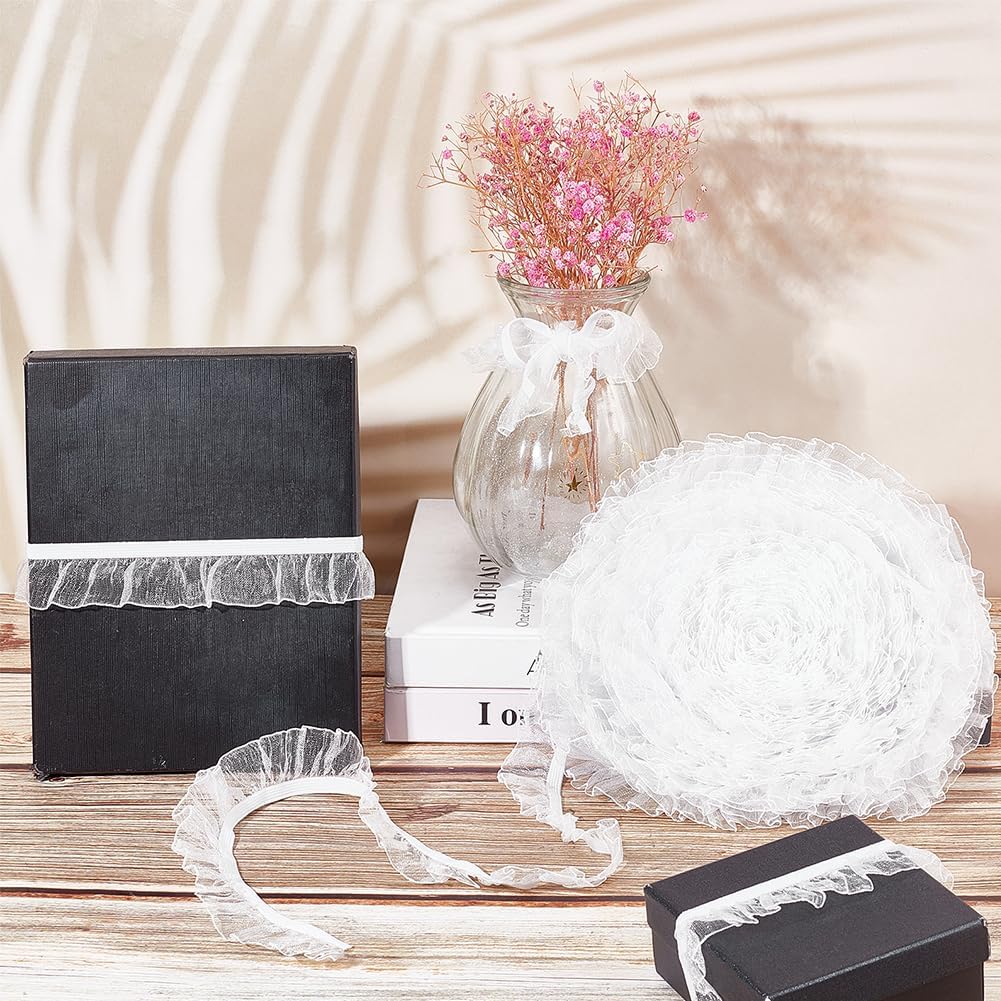 GORGECRAFT 10Yds Organza Ruffled Pleated Lace Fabric Trim Ribbon 1 inch/25mm Black Double Satin Elastic Stretch Lace Edge Trimmings Gathered Ruffle Fringe Appliques Patches for Dress Wedding Collars
