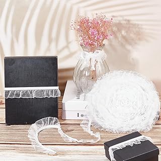 GORGECRAFT 20Yds Organza Ruffled Pleated Lace Fabric Tulle Trim Ribbon 1 inch White Single Satin Elastic Stretch Lace Edge Trimmings Gathered Ruffle Fringe Appliques Patches for Dress Wedding