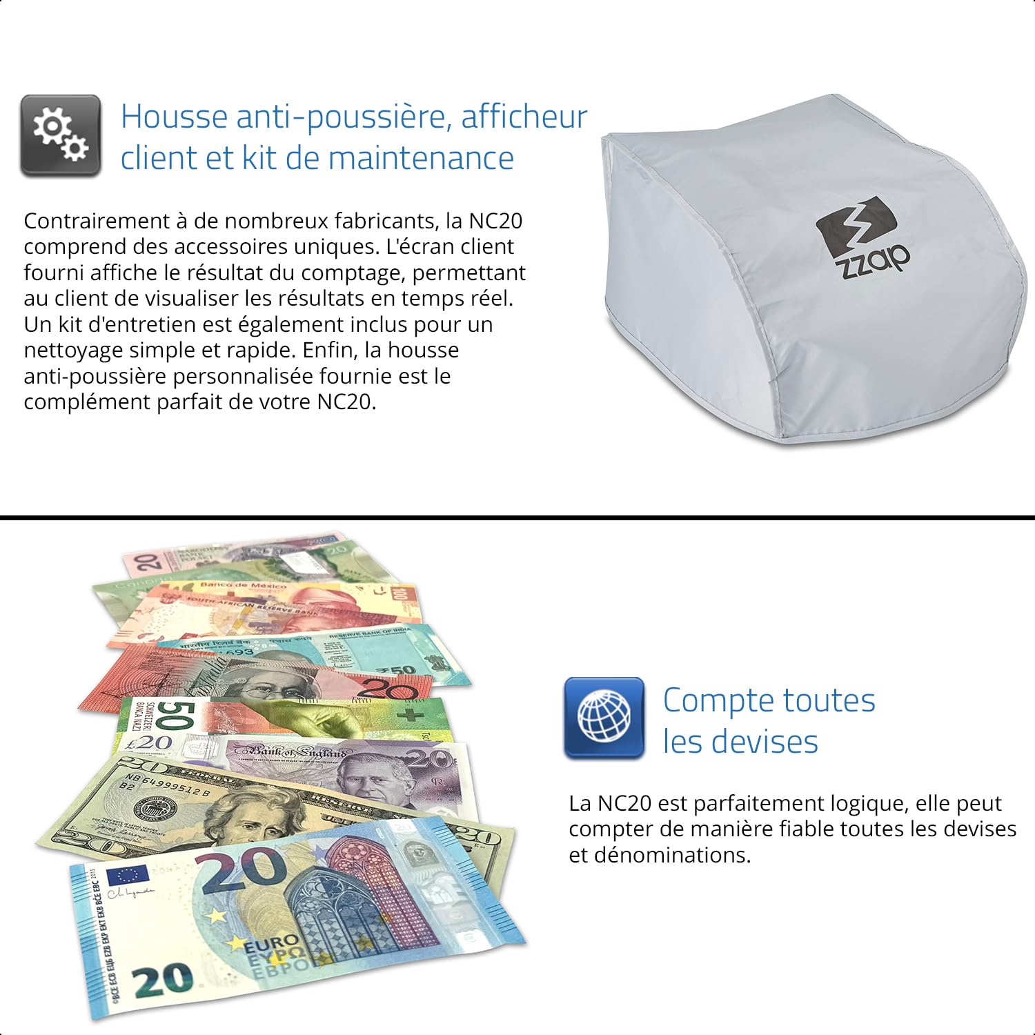 ZZap NC20 Compteuse de Billets - Compte 1000 billets par minute, compte par lots, compte toutes les devises du monde et plus encore!