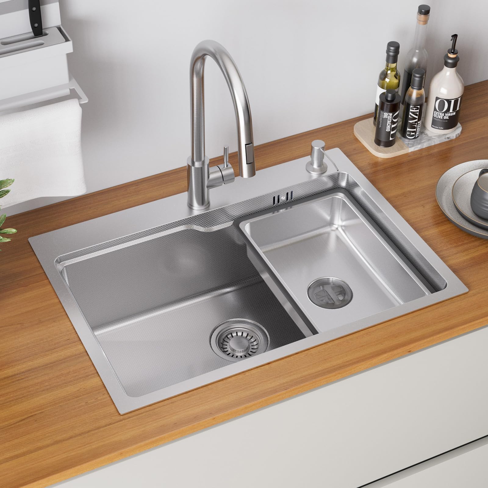 CECIPA 68x48 cm Lavello Cucina 1 Vasca con Dispenser Sapone, Lavandino Cucina con Vasca Mobile, Lavello in Acciaio Inox 304 per Mobile di lunghezza 70cm, con Sifone e Scarico