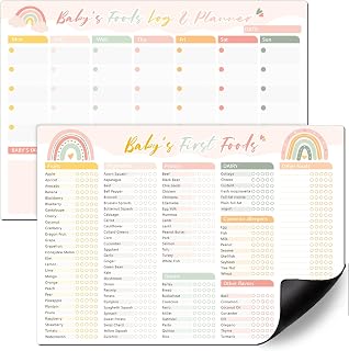 Baby First Foods Tracker Fridge Magnet & Daily Food Log Meal Planner Boho Rainbow Dry Erase Before 1 Baby Foods Chart Checklist Magnet for Refrigerator, Set of 2