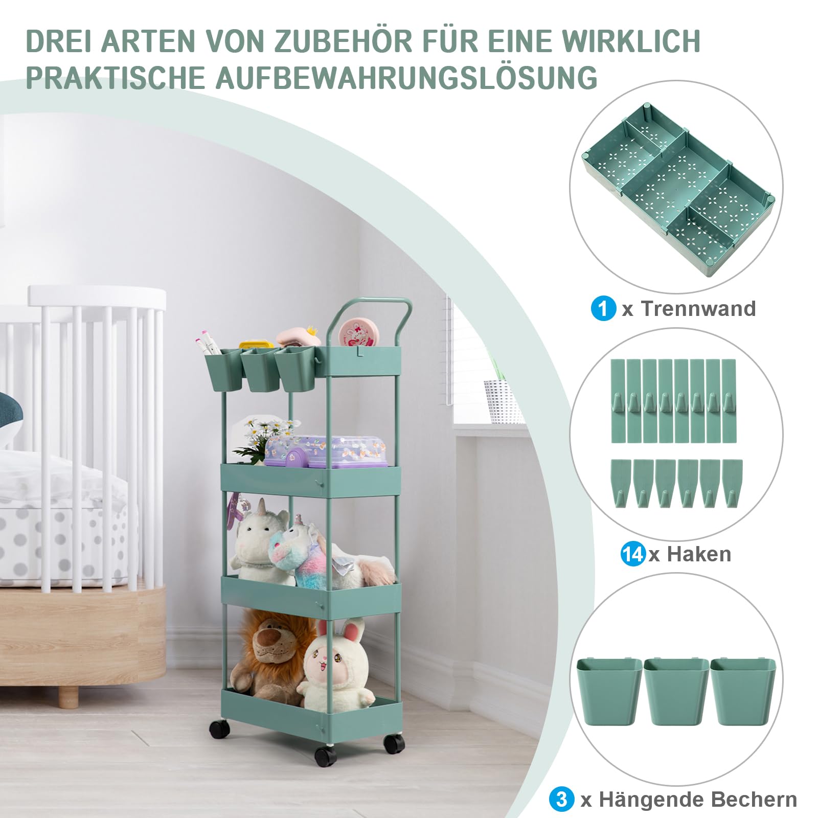 danpinera Carrello stretto per bambini, carrello da portata con 4 piani, carrello da cucina con pareti divisorie e ganci e bicchieri da appendere, carrello per nicchia per cameretta dei bambini