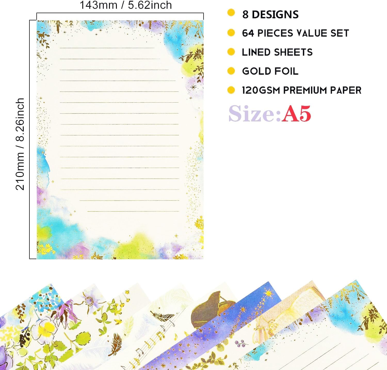 Briefpapier-Set mit 64 Blatt – A5, niedlich, farbige Goldfolie, Stempel, ausgefallenes liniertes Schreibpapier, zum Schreiben von Briefen, Sammelalben, Gedichten, Basteln, Hochzeitseinladungen,