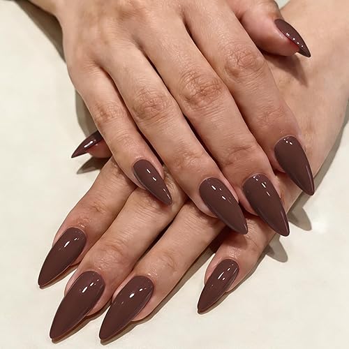 120Pcs Stiletto Press on Nails, Brown Stiletto Fake Nails Glossy